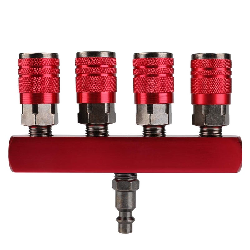 Hromee 4-Way Straight Air Manifold 5 Ports Aluminum Industrial Pneumatic Air Compressor Quick Connect Socket In Line Type Air Hose Splitter with 4 Couplers and 1/4" Male NPT Plug - Image 1